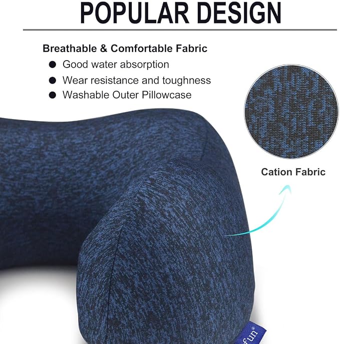 napfun Neck Pillow for Traveling, Upgraded Travel Neck Pillow for Airplane 100% Pure Memory Foam Travel Pillow for Flight Headrest Sleep, Portable Plane Accessories, Blue