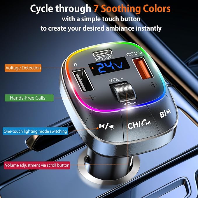 Redroman USB C Bluetooth 5.4 Car Adapter for Hands-Free Calling & 48W Fast Charging, Wireless FM Transmitter Audio Receiver with USB Playback and 7-Color LED Backlit, Type-C PD Charger for All Cars