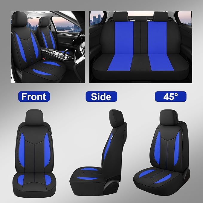CAROMOP Waterproof Car Seat Cover Full Seats, Neoprene Seat Covers for Cars,Split Bench Compatible Car Interior Covers, Universal Fit Most Car Sedan Truck SUV(Black/Blue)