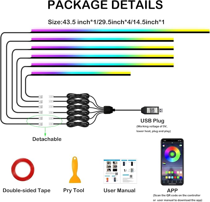 Interior Car LED Strip Lights, RGB 6 in 1 Dynamic Dreamcolor Chasing Acrylic LED Lights for Car, USB Powered Ambient Lighting Kits with Wireless APP, Sound Active Function Car Neon Lights (6 in 1)