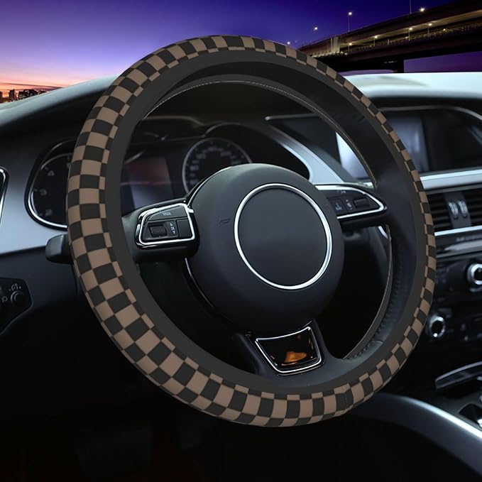 Checkered Black Brown Steering Wheel Cover Black Brown Checkered Steering Wheel Cover Anti-Slip Breathable for 15 in Universal 2 Pcs Car Interior Cup Holder Pad for Men Women