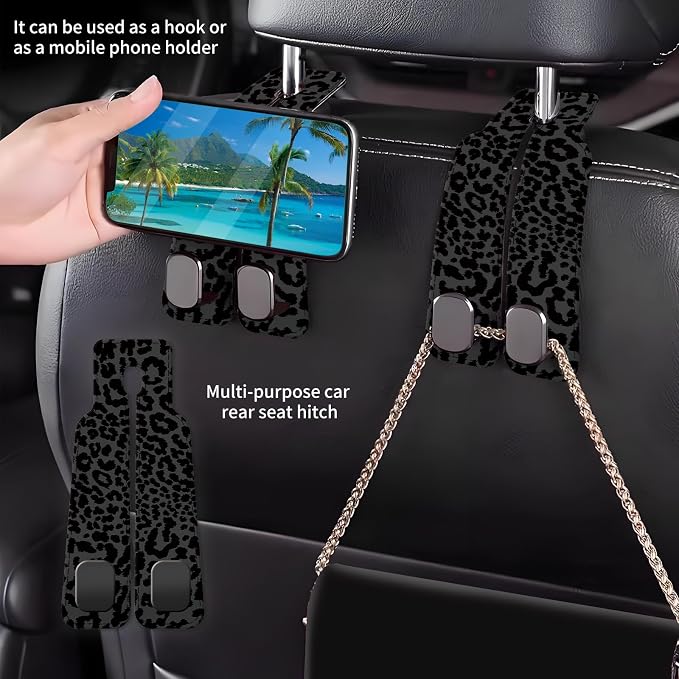 Car Seat Back Storage Headrest Hook, Premium Leather Double Metal Hook, Hanger Storage Organizer for Purse Cloth Bag, Car Interior Accessories Luxury Black Leopard