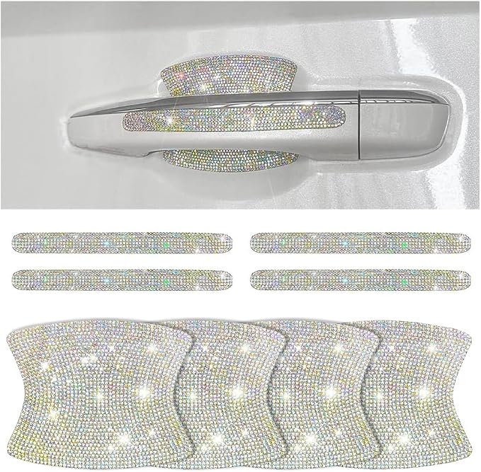 8PCS Bling Car Door Handle Protector, Crystal Rhinestone Anti-Scratch Vehicle Door Handle Bowl Stickers, Glitter Automotive Exterior Decal Accessories, Universal for Vehicles (Multicolor)