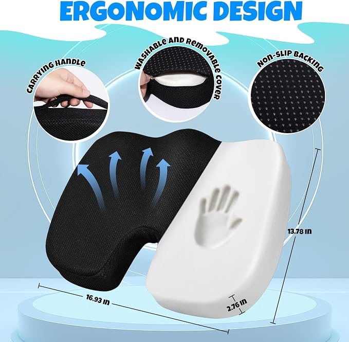 Ergonomic Seat Cushion with Memory Foam for Office Chair, Car Seat, Sciatica & Tailbone Relief, Non-Slip Cushion,Breathable Mesh Cover, Portable Handle - Black