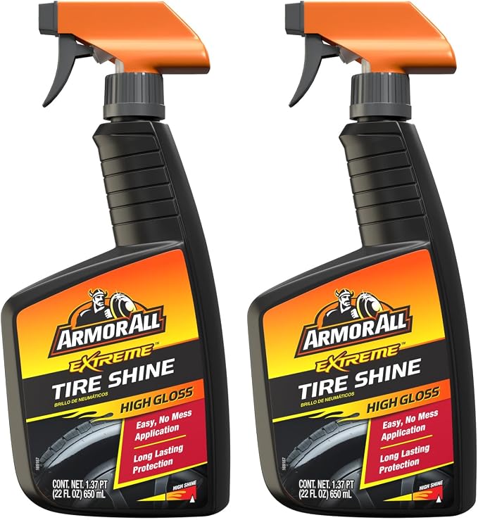 Armor All Tire Shine Spray, Even Shine, Minimal Overspray, 2 Count | No-wipe formula for clean, dry tires; apply after cleaner and let dry for 5 mins and elevate your car cleaning supplies