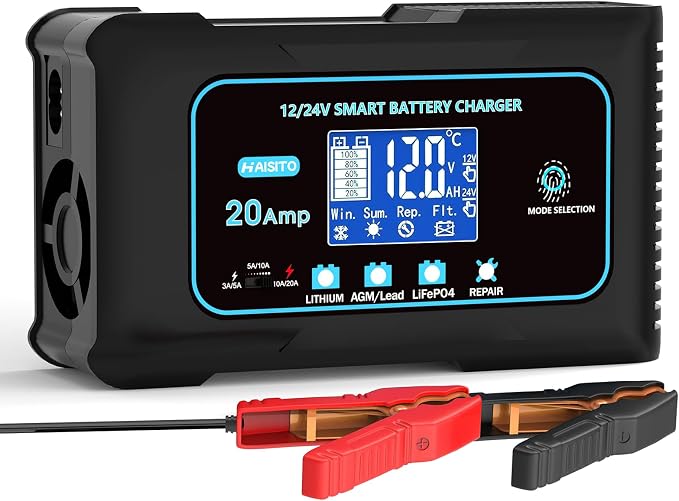 Haisito 20-Amp Smart Battery Charger (Lithium LiFePO4 & Lead-Acid), 12V/24V Rapid Automotive Car Charger with Temperature Compensation - Trickle Maintainer for Boat, Truck, RV, Lawn Mower, Marine