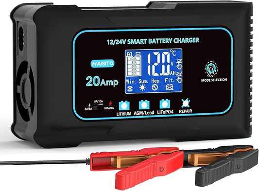 Haisito 20-Amp Smart Battery Charger (Lithium LiFePO4 & Lead-Acid), 12V/24V Rapid Automotive Car Charger with Temperature Compensation - Trickle Maintainer for Boat, Truck, RV, Lawn Mower, Marine