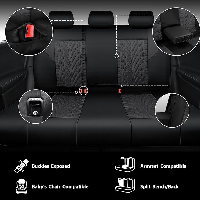 CAR PASS Neoprene Waterproof Seat Covers Full Sets, Wetsuit Car Seat Covers 5 Seats Universal Fit Vans, Truck, SUV, 3D Tyre Embossed Seat Covers Anti Slip with Armrests, Aibag Compatible(Black Gray)