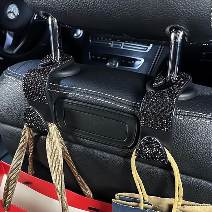 Zpana 4PCS Bling Car Seat Headrest Hooks, Vehicle Back Seat Purse Handbag Hanging Holder with Crystal Rhinestone, Diamond Storage Organizer Hook, Universal Automotive Accessories (Pink)