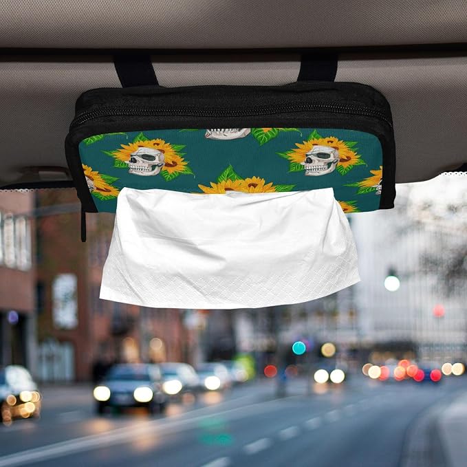 Skulls and Sunflowers Car Tissue Holder Car Visor Tissue Holder Sun Visor Tissue Box Hanging Napkin Case Holder for Car