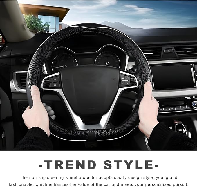Car Steering Wheel Cover, 15 Inch Anti-Slip Breathable Leather Auto Steering Wheel Protector, Full Surround Soft Steering Wheel Cover for Men Women, Car Interior Accessories (Black & White)