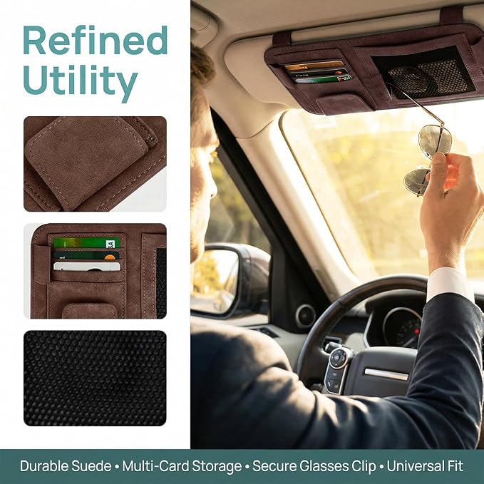 Car Sun Visor Organizer, Multi-Pocket Vehicle Sun Visor Storage Pouch with Sunglasses Clip, Auto Interior Sunshade Eyeglasses Card Holder Organizers, Universal for SUV Sedan Truck (Brown)