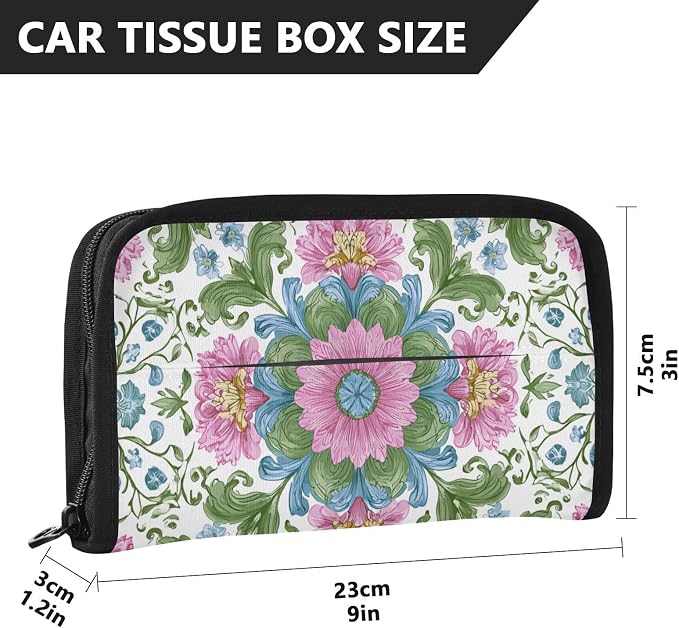White Pink Green Flower Boho Mandala Car Tissue Holder Durable Napkin Holder Hanging Tissue Holders Case Car Tissues Bag for Sun Visor Seat Back Universal Auto
