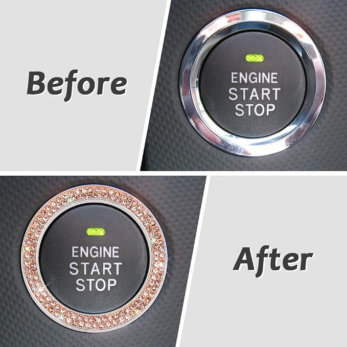 ToBeQueen Push Start Button Bling Ring Emblem Sticker - 2pcs Girly Car Decor, Champagne