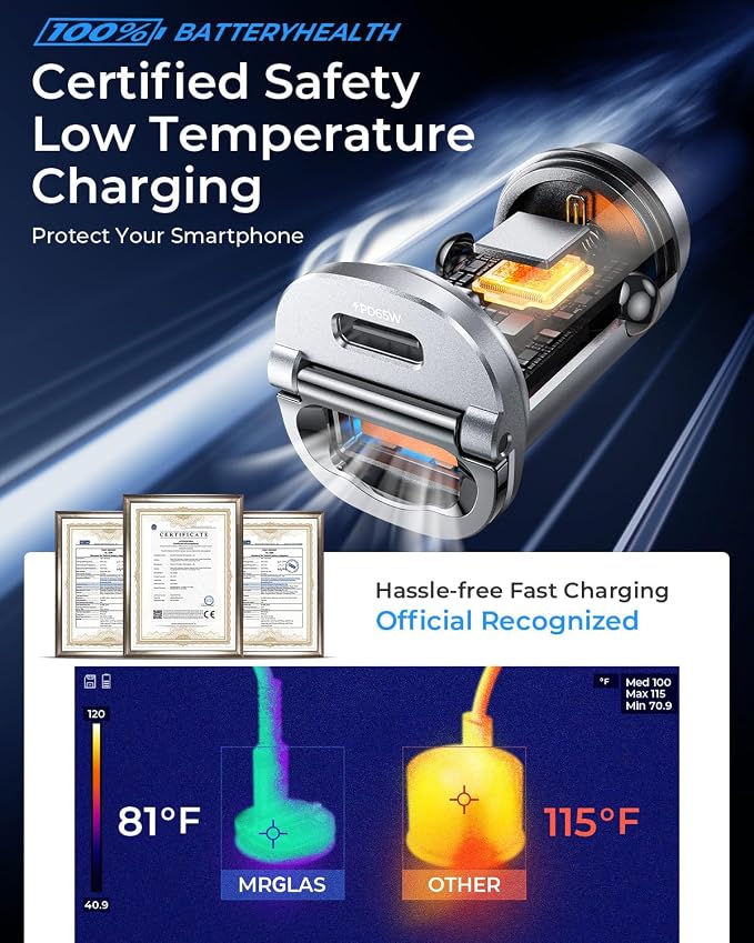 MRGLAS 125W USB C Car Charger, USB C Car Charger Adapter Fast Charging | [Mini & Metal][PD65W & QC60W] Dual Port Type C Cigarette Lighter USB Charger for iPhone 16 15 Pro Max S25 MacBook-Silver Gray