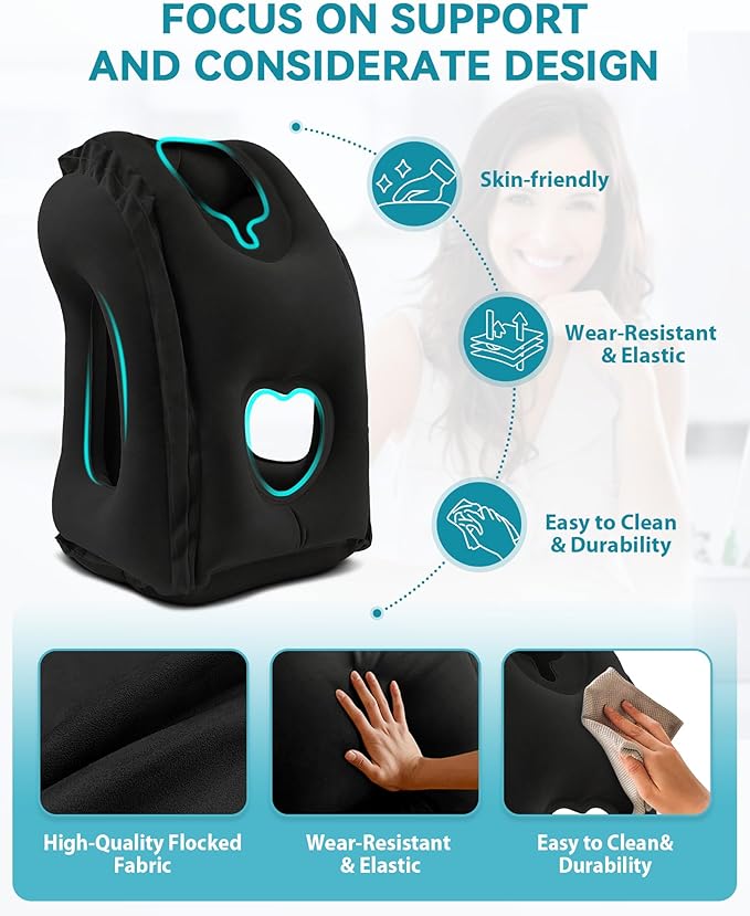 Inflatable Travel Pillow, Airplane Neck Pillow Comfortably Supports Head and Chin for Airplanes, Trains, Cars Office Napping on The Tray Table (Black)