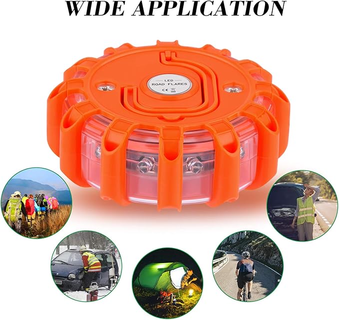 6 Pack LED Road Flares Emergency Lights, 9 Glow Modes Roadside Emergency Warning Car Safety Beacon Flashing Disc Flare Kit with Magnetic Base & Hook for Vehicles,Cars,Truck,Boat(NO Battery Included)