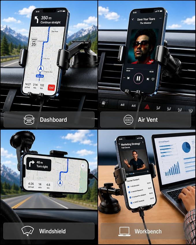 HTU 2026 Upgraded Wireless Car Charger Mount, 【Strongest Suction & Military-Grade Certs】 15W Fast Charging Auto-Clamping Phone Holder for Dash Windshield Air Vent, Fit for iPhone & Android, Jet Black