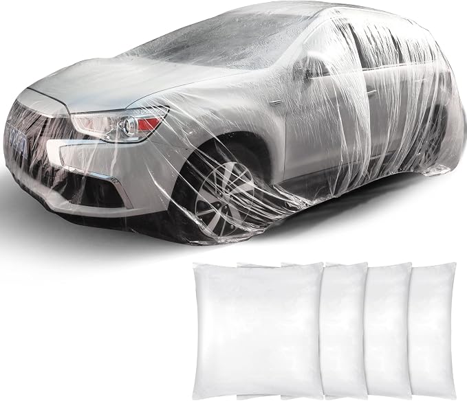 Tallew 4 Pcs Universal Plastic Car Cover 12. 5 x 21. 7ft Disposable Waterproof Full Exterior Cover with Elastic Band for Automobiles Sedan Outdoor Snow Rain Weather