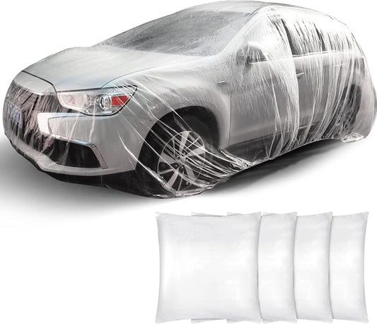 Tallew 4 Pcs Universal Plastic Car Cover 12. 5 x 21. 7ft Disposable Waterproof Full Exterior Cover with Elastic Band for Automobiles Sedan Outdoor Snow Rain Weather