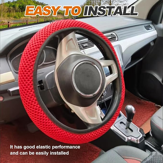 Car Elastic Stretch Steering Wheel Cover, Universal 15" Automotive Steering Wheel Protector, Microfiber Ice Silk, Breathable, Anti-Slip, Easy Carry, Car Accessories for Cars/SUVs/Vans/Truck (Red)