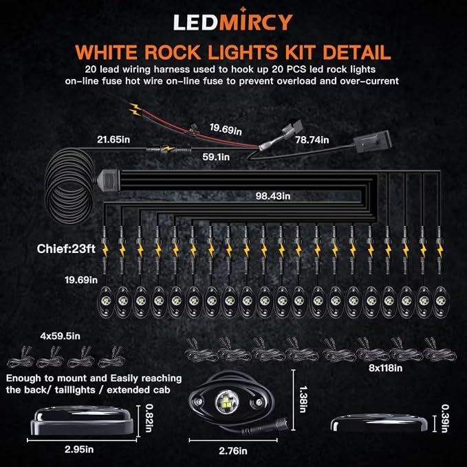 White Rock Lights,LEDMIRCY R1 Pure White LED Rock Lights Kit with Switch Wire Harness 20PCS for Trucks Off Road Boat Underglow Light Trail Rig Lights High Power Under Body Waterproof Shockproof Light