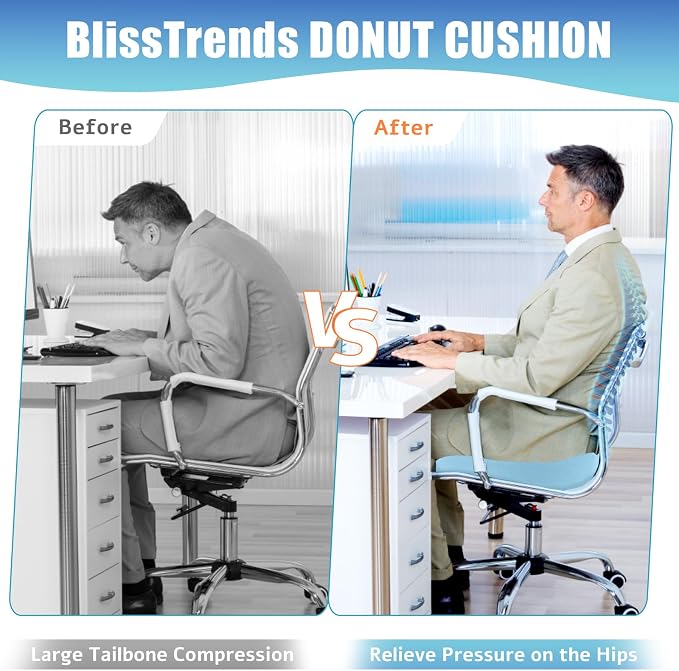 BlissTrends Donut Pillow Seat Cushion, Donut Chair Cushions for Postpartum Pregnancy & Hemorrhoids, Tailbone Pain Relief Cushion, Lifting Cushions for Office & Home Chairs (Light Blue, X-Large)