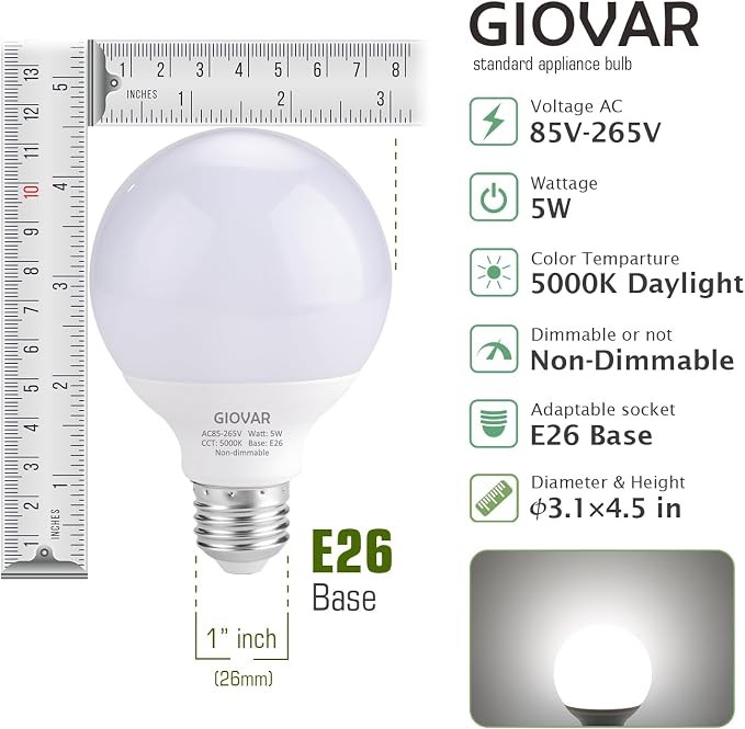 8-Pack G25 LED Globe Light Bulbs, Daylight 5000K, 120V 40W Equivalent LED Vanity Light Bulbs for Bathroom Mirror, E26 Base, Non-Dimmable