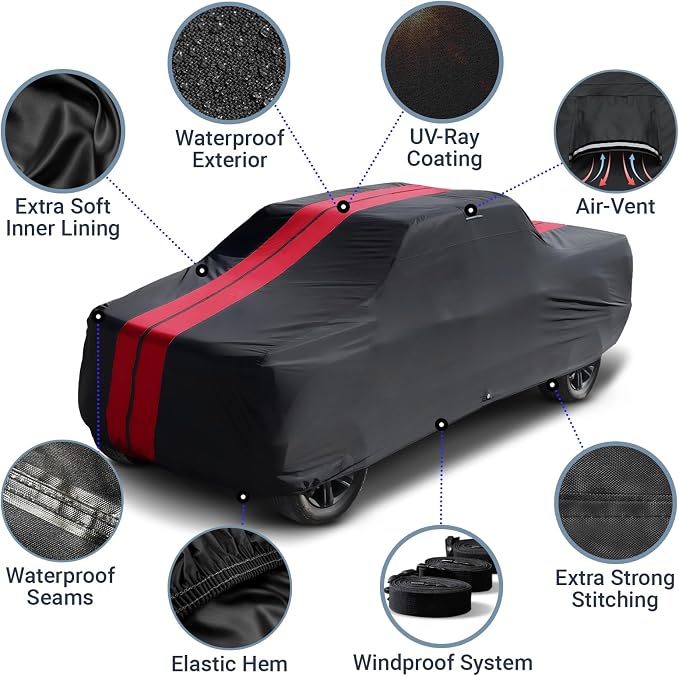 iCarCover Premium Heavy Duty Truck Car Cover - Waterproof All Weather Rain Snow UV Protection, F250, F350 Crew Cab, Extended Cab, Size T87 (See Size Chart), Stripe - Black/Red
