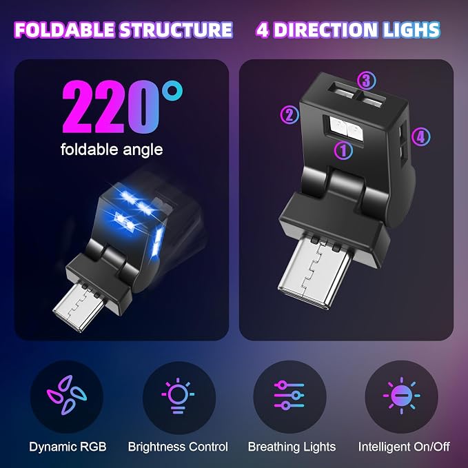 Frienda 2 Pcs Mini USB LED Light Car LED Interior Lighting 5v RGB Foldable Ambient Lighting Adjustable 8 Color and Brightness Smart USB Night Lamp for Cars Laptop Keyboard (Type-c)