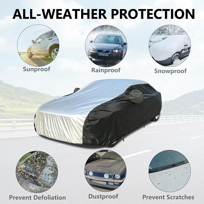 Coverado Car Cover Waterproof All Weather, Lightweight Outdoor Full Exterior Covers Sealed with PU Waterproof Tape, Sedan Car Cover Snow Wind UV Hail Protection Universal Fit for Sedan (191"-200")