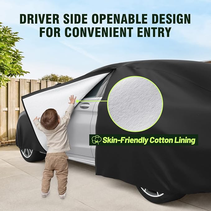 Favoto Car Cover Waterproof All Weather Windproof for Hatchback 157-171’’ | UV Protection, Soft Cotton Lining, Driver Door Zipper, Reflective Strips and Storage Bag Included with Vehicle Fitment Black