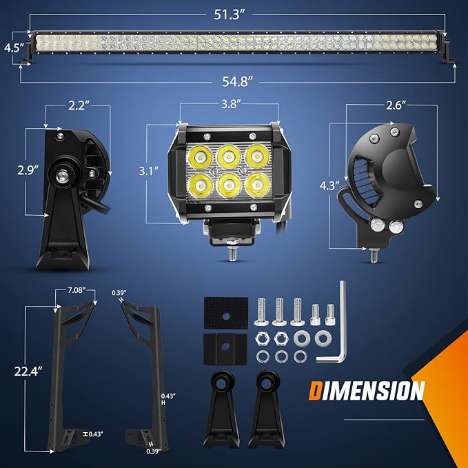 Nilight 52Inch Led Light Bar Spot Flood 2Pcs 18W 4Inch Spot LED Pods Windshield Frame Mounting Bracket on Wrangler JK 2007-2017 with Off Road Wiring Harness- 3 Leads