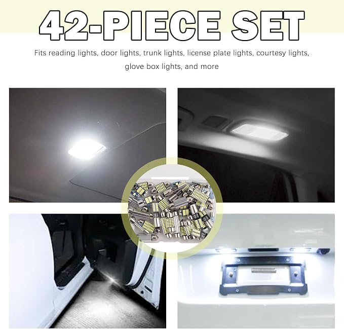 42PCS Upgrade LED Dome Light Bulb Kit,6000K White 12V LED Car Lights Interior Kit with 28mm/31mm/36mm/41mm/BA9S/T5/T10,Plug & Play Dome Light for Car Door/Trunk/License Plate