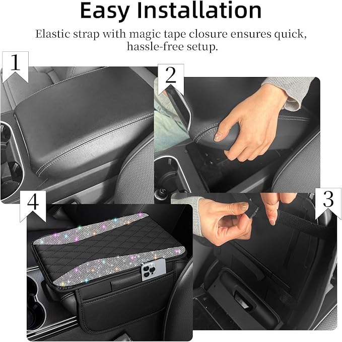 NBTEPEM Bling Car Center Console Cover, Leather Middle Console Cover with 2 Storage Bags, Universal Arm Rest Cover Protector, Bling Car Accessories Interior Fit for Most Vehicles, Multicolor Diamond