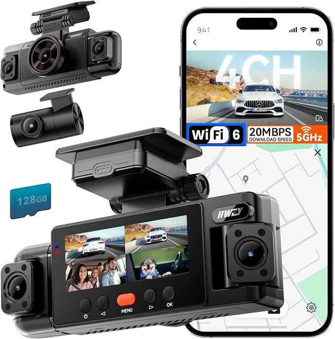 IIWEY N6 360° Dash Cam 4 Channel, 5.8G WiFi-6 (up to 20MB/s) with App, Free 128GB Card, FHD Front & Rear Inside Dash Cam for Car, 8 IR Lights Night Vision, GPS, 24/7 Parking Mode, G-Sensor