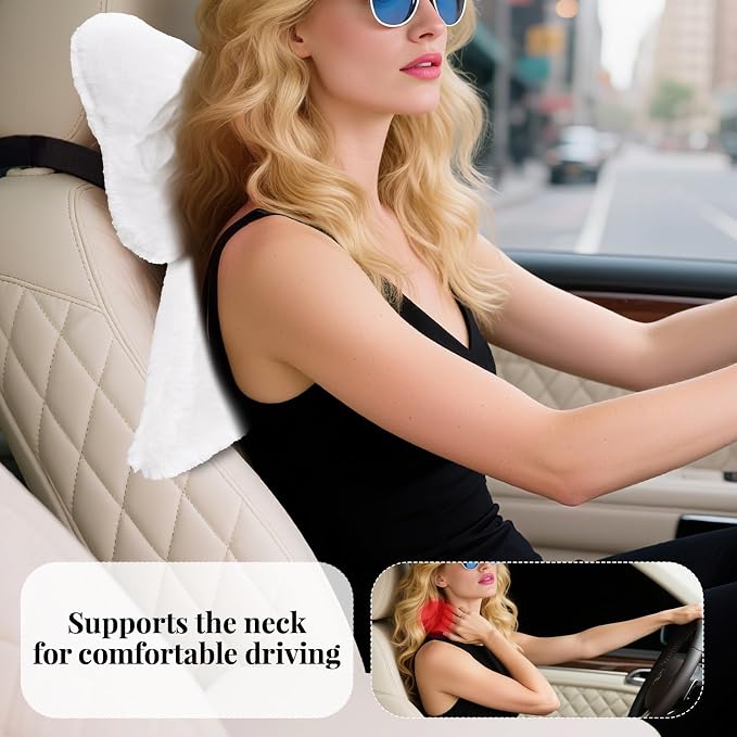 2 Pack Bow Car Headrest Pillows Plush Car Neck Pillows for Travel Driving Office Chair Head Support Cushions, Also Cute Car Decor Accessories (White)