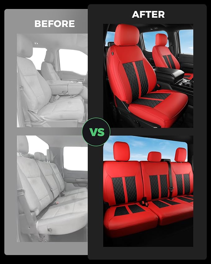for Ford F150 Leather Seat Covers, SuperCrew XL XLT 2021-2026, F250 F350 F450 Super Duty Crew Cab 2023-2026, Custom Truck Seat Cover Full Set, Pickup Accessories, Red Black (Bucket Seat)