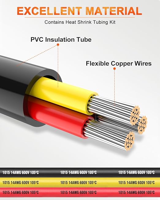 NAOEVO 14 Gauge Wire 3 Conductor Electrical Wire, 14 AWG Stranded PVC Cord, 12V Low Voltage/Tinned Copper/Flexible Cable for Automotive Wiring, Lamp Cord, Marine Cable (100FT)
