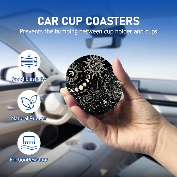 Sun Moon and Stars Car Cup Holder Coaster, 2.75" Silicone Non-Slip Cup Holder Insert Coasters, Car Accessories Interior Decorations for Women and Man 2 Pack Black (Sun&Moon)
