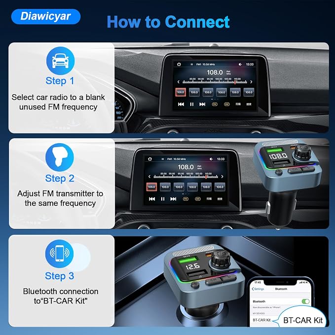 63W FM Transmitter Bluetooth Car Adapter, Wireless FM Bluetooth Transmitter | [PD 45W & QC3.0] Fast Charge, Deep Bass Player, Hands-Free Calling, Blue
