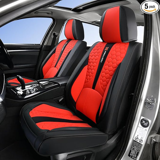 Red Car Seat Covers Full Set Luxury Waterproof | Leather Auto Seat Protector with Airbag Compatible Design, Breathable Non-Slip Cushion, Easy Installation, Fits Most Cars