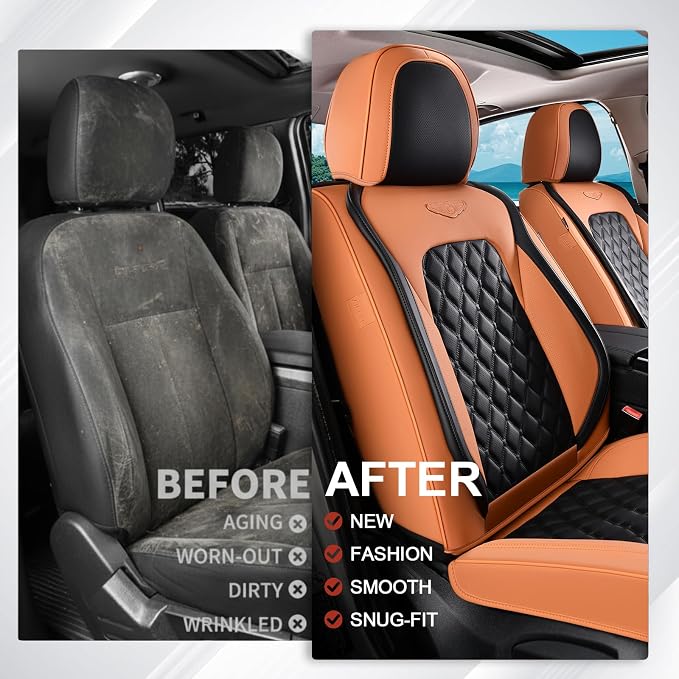 Coverado Car Seat Covers Front Seats, Vintage-Style Soft Waterproof Faux Leather Full Set with Rear Protectors, Comfortable Anti-Stain Interior for Most Vehicles – BrownBlack