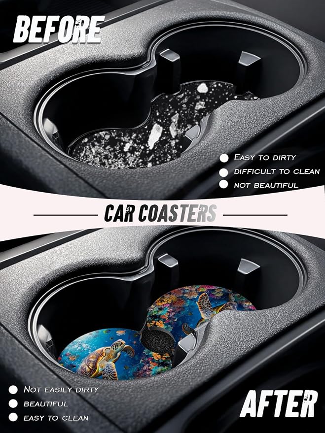 Car Cup Coasters,2 Pack Car Coaster,2.75inch Anti Slip and Absorbent Cars Coasters for Cup Holders,Neopren Accessories for Women,Cute Decor for Women (Sea Turtle)