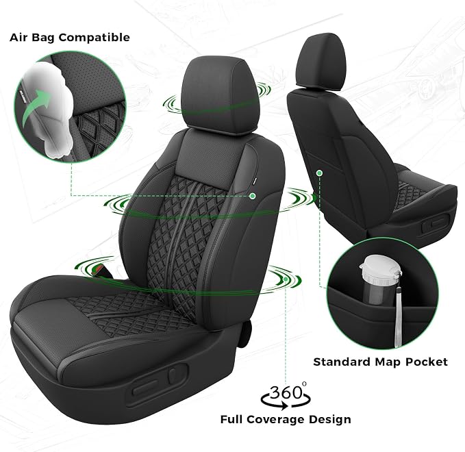 Custom Seat Covers for Tacoma 2016-2023 3rd Gen Double Cab SR5/TRD Off-Road/SR/TRD Sport/TRD PRO Full Set with Console Covers, Waterproof Leather Back and Front Seat Protectors Black