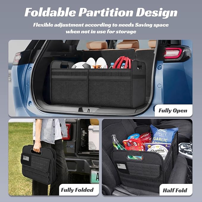 Sposuit Car Trunk Organizer for SUV - 65L Collapsible Tactical MOLLE Car Storage with Reinforced Handles & Multiple Pockets, Sturdy Trunk Organizers for Groceries, Tools & Outdoor Storage (Black 2Pcs)