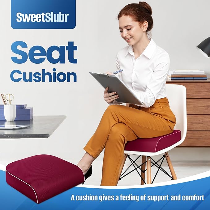 SweetSlubr Seat Cushion for Tailbone Pain Relief, Office Chair Cushion, Memory Foam Large Chair Pad with Non-Slip Cover for Soft Support at Office Chair, Car Seat, Airplane Red/Large