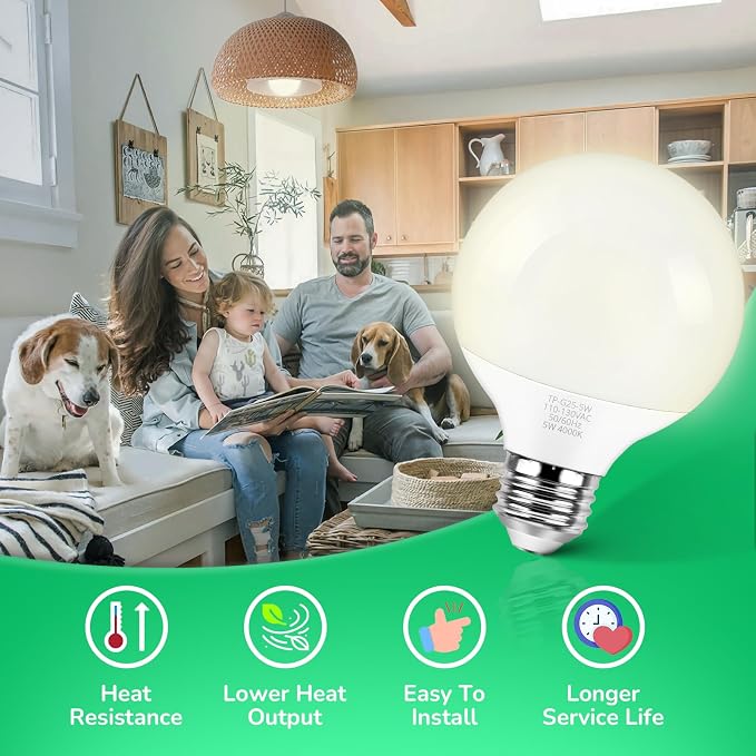 MAXvolador G25 LED Globe Light Bulbs 60W Equivalent, Neutral White 4000K Bathroom Vanity Round Bulb, 500LM E26 LED for Makeup Mirror, Non-Dimmable 4 Pack