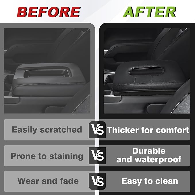Muslogy Center Console Armrest Cover Fit for Chevy Silverado & GMC Sierra 1500 2500 3500HD 2014-2018 Accessories, Comfort Armrest Pad Console Lid Cushion Vegan Leather 1-Inch Thick(Split Bench Seat)