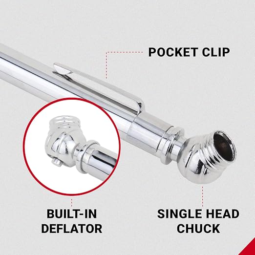 Accu-Gage Pencil Tire Pressure Gauge (2-20 PSI) Heavy Duty Stainless Steel Low Pressure Gauge Single Head Air Chuck wi/Built-in Deflator, 4 Replacement Tire Valve Caps